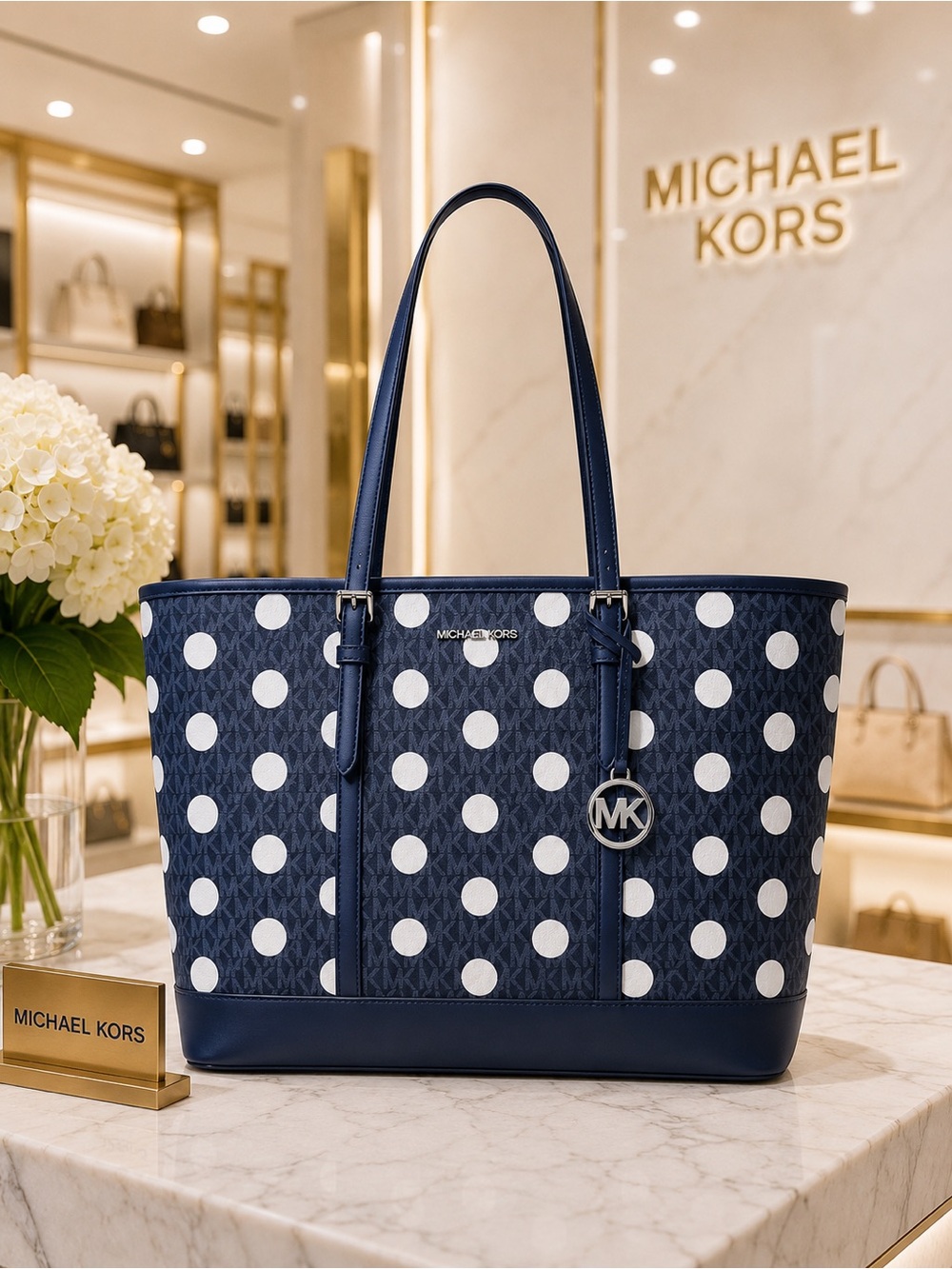 Michael Kors Jet Set Large Polka Dot Signature Logo Tote Bag